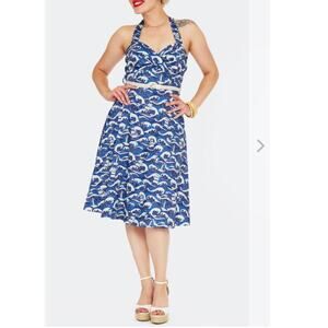 Copied - BLUE NAUTICAL WAVE PRINT HALTER DRESS